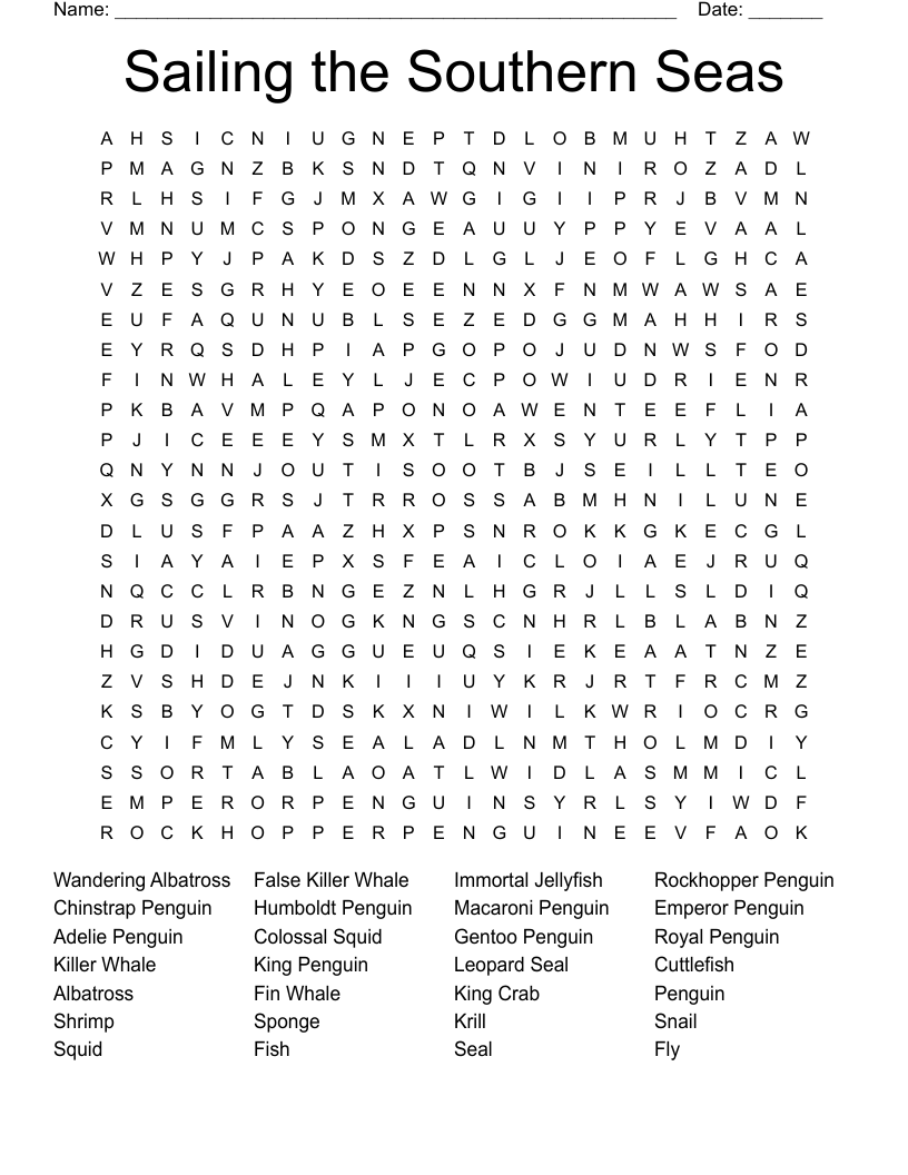 Sailing the Southern Seas Word Search
