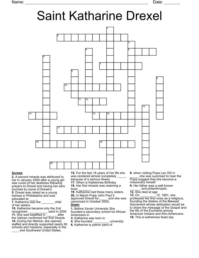 Saint Katharine Drexel Crossword