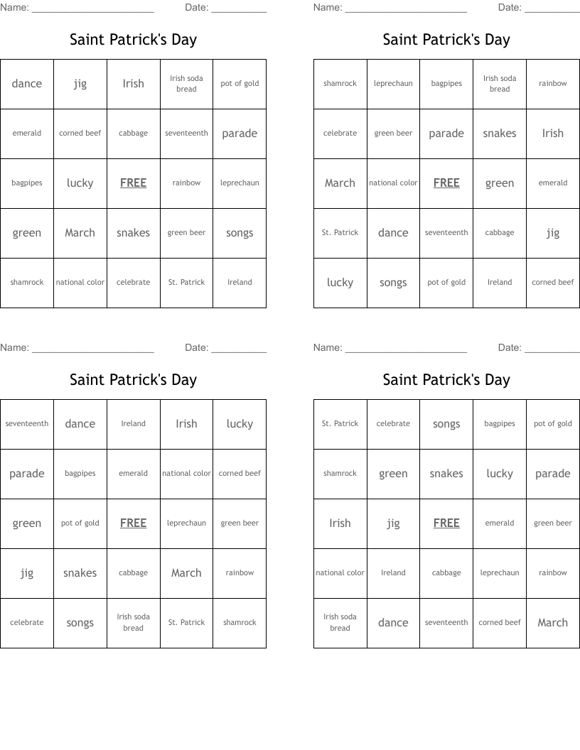 Saint Patrick's Day Bingo Cards