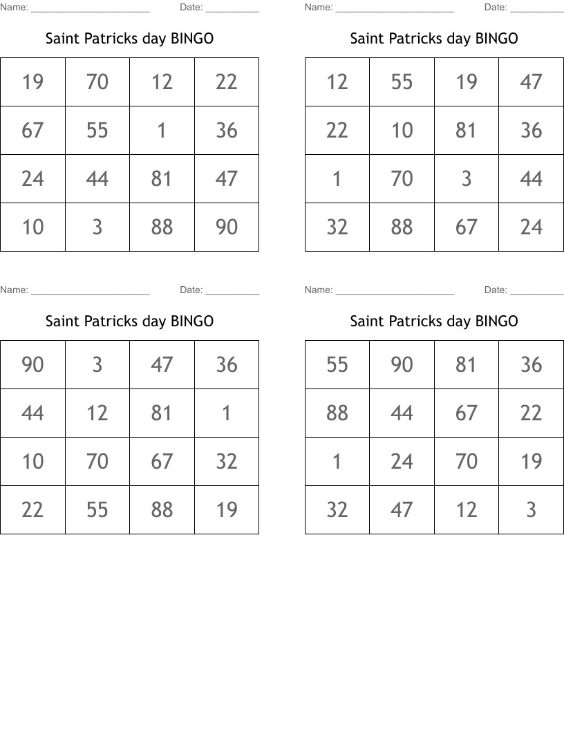 Saint Patricks day BINGO 