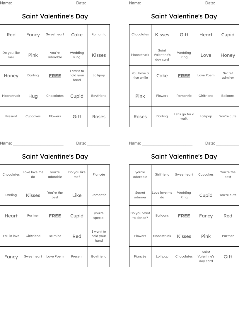 Saint Valentine's Day Bingo Cards