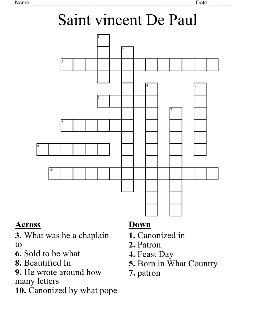 Saint vincent De Paul  Crossword