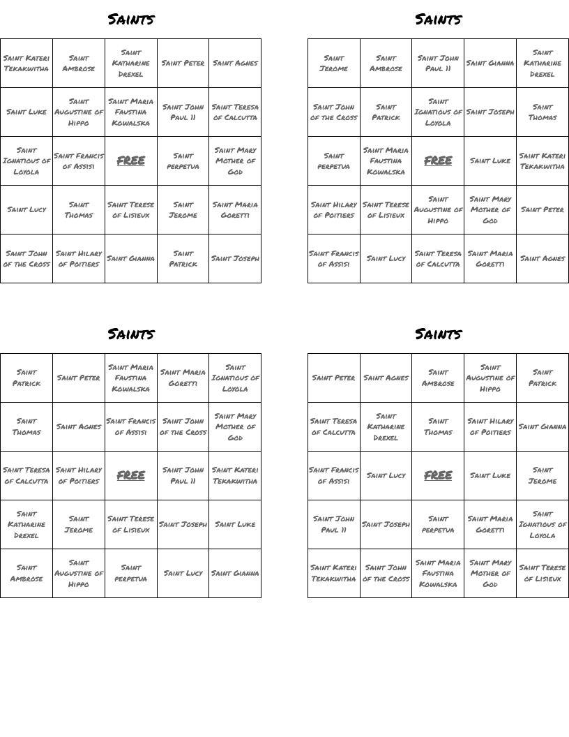 Saints Bingo Cards
