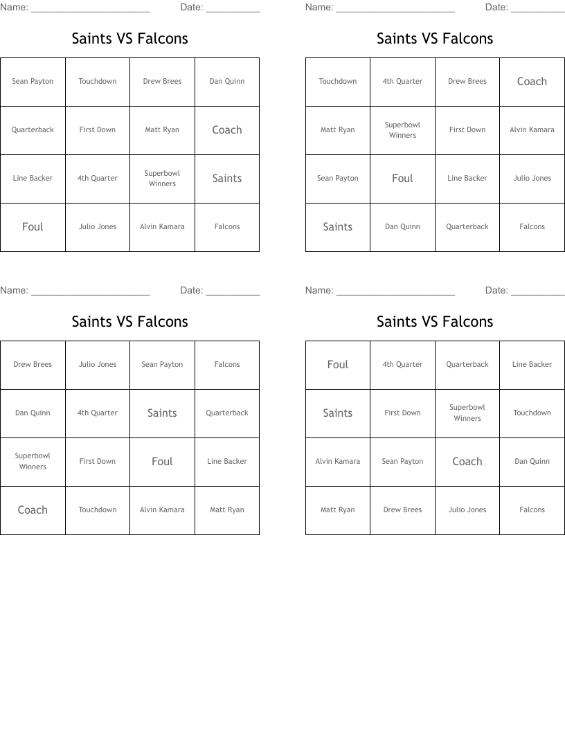 Saints VS Falcons Bingo Cards