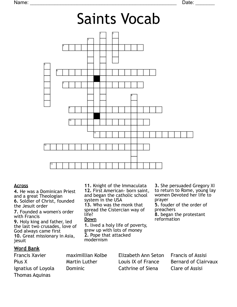 Saints Vocab  Crossword
