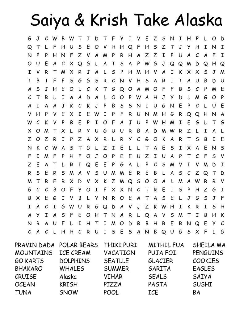 Saiya & Krish Take Alaska Word Search