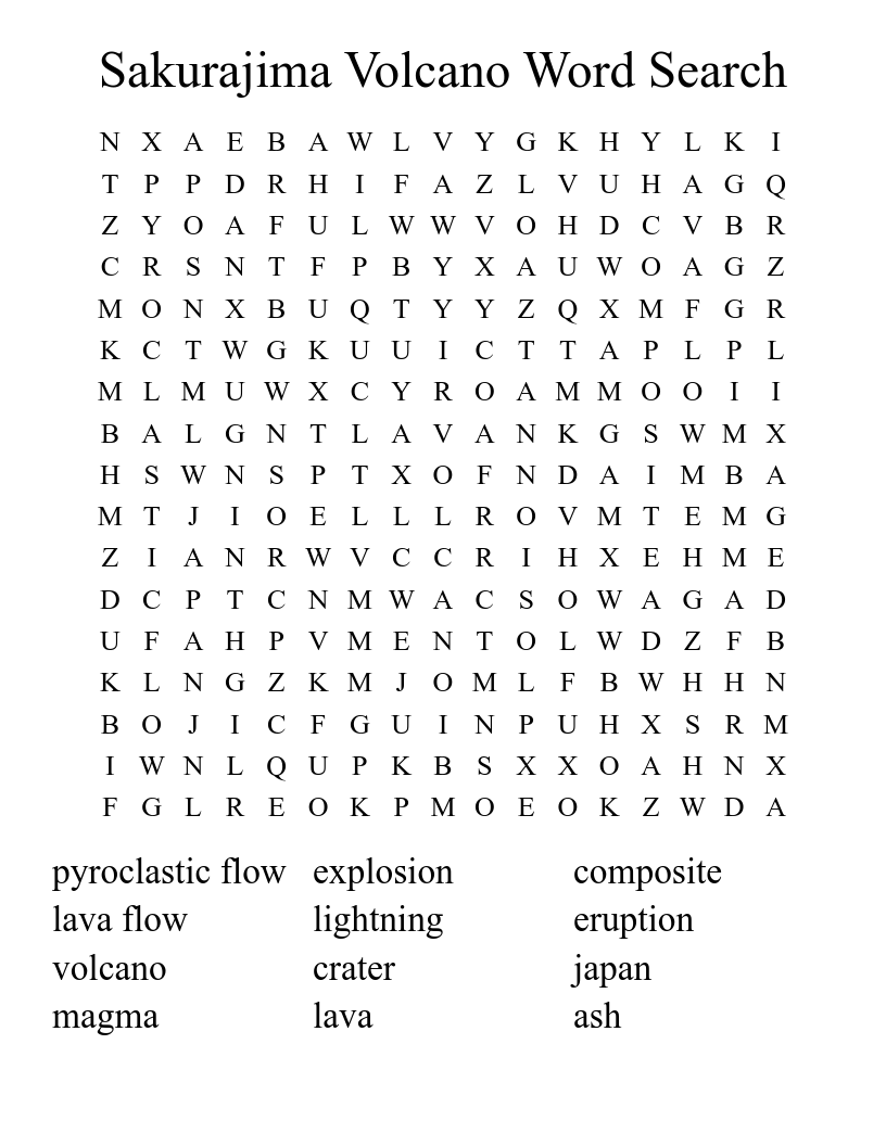 Sakurajima Volcano Word Search 