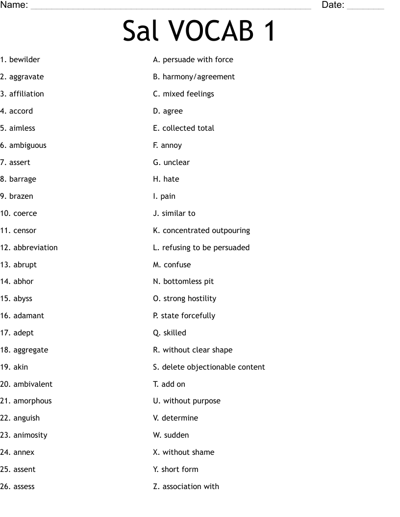 Sal VOCAB 1 Worksheet