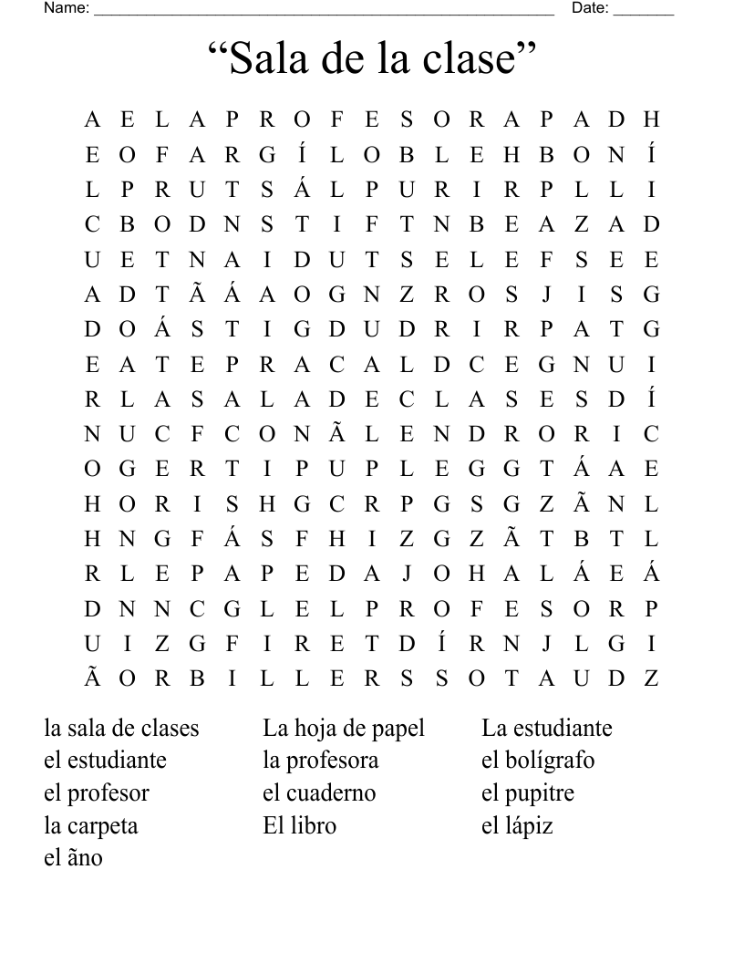 “Sala de la clase” Word Search