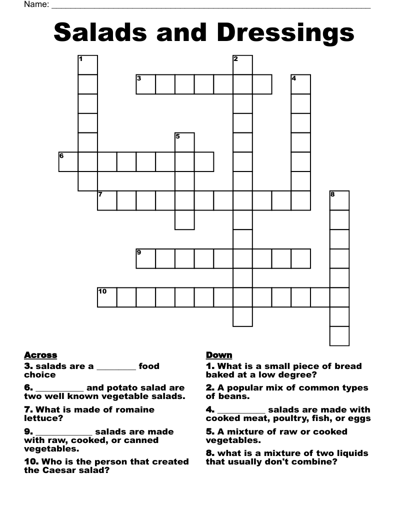 Salads and Dressings Crossword
