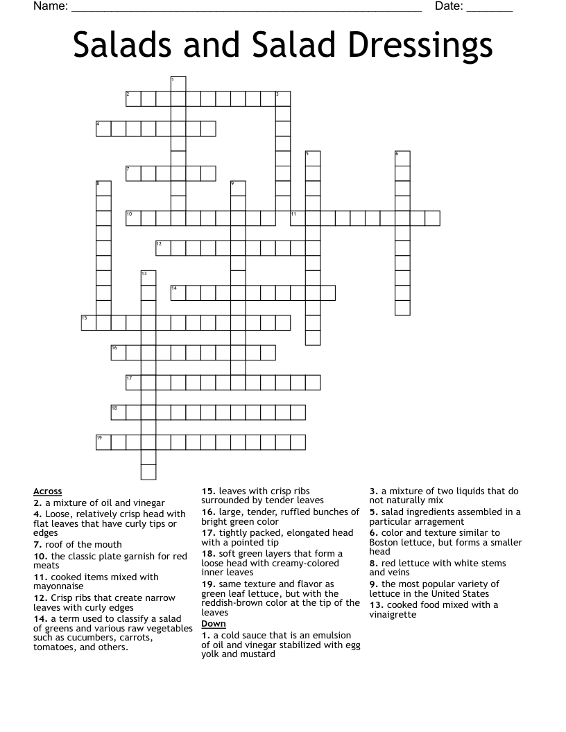 Salads and Salad Dressings Crossword