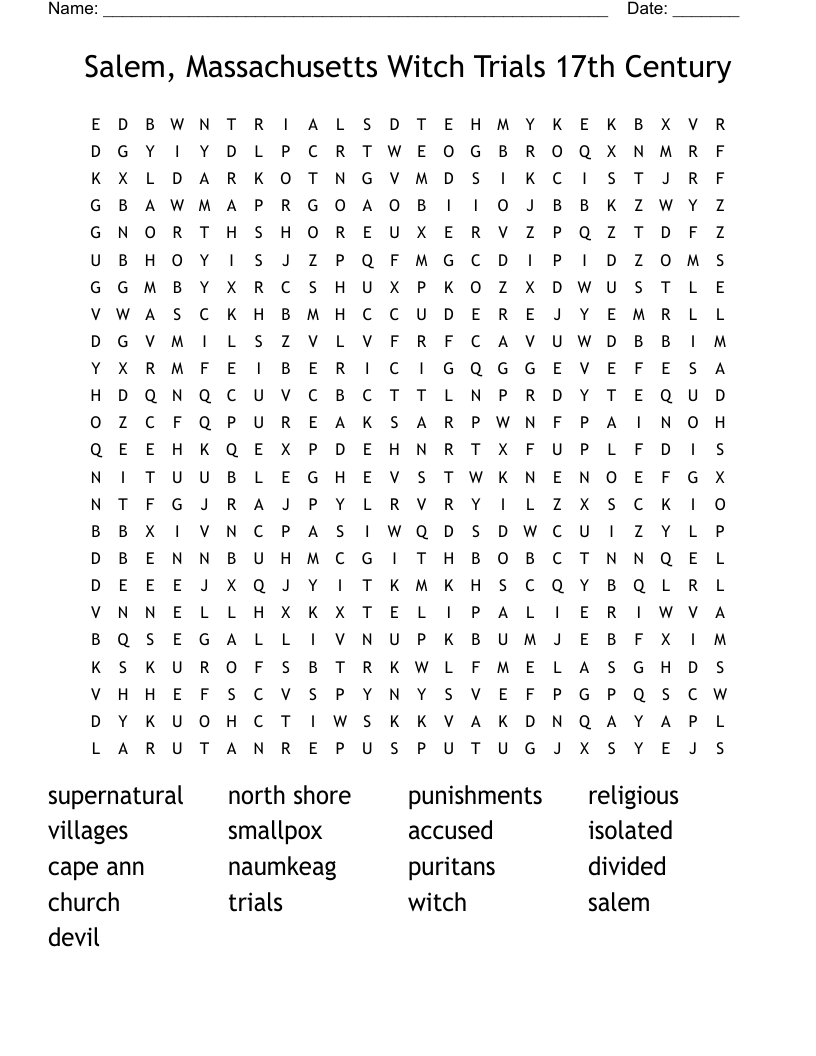 Salem, Massachusetts Witch Trials 17th Century Word Search