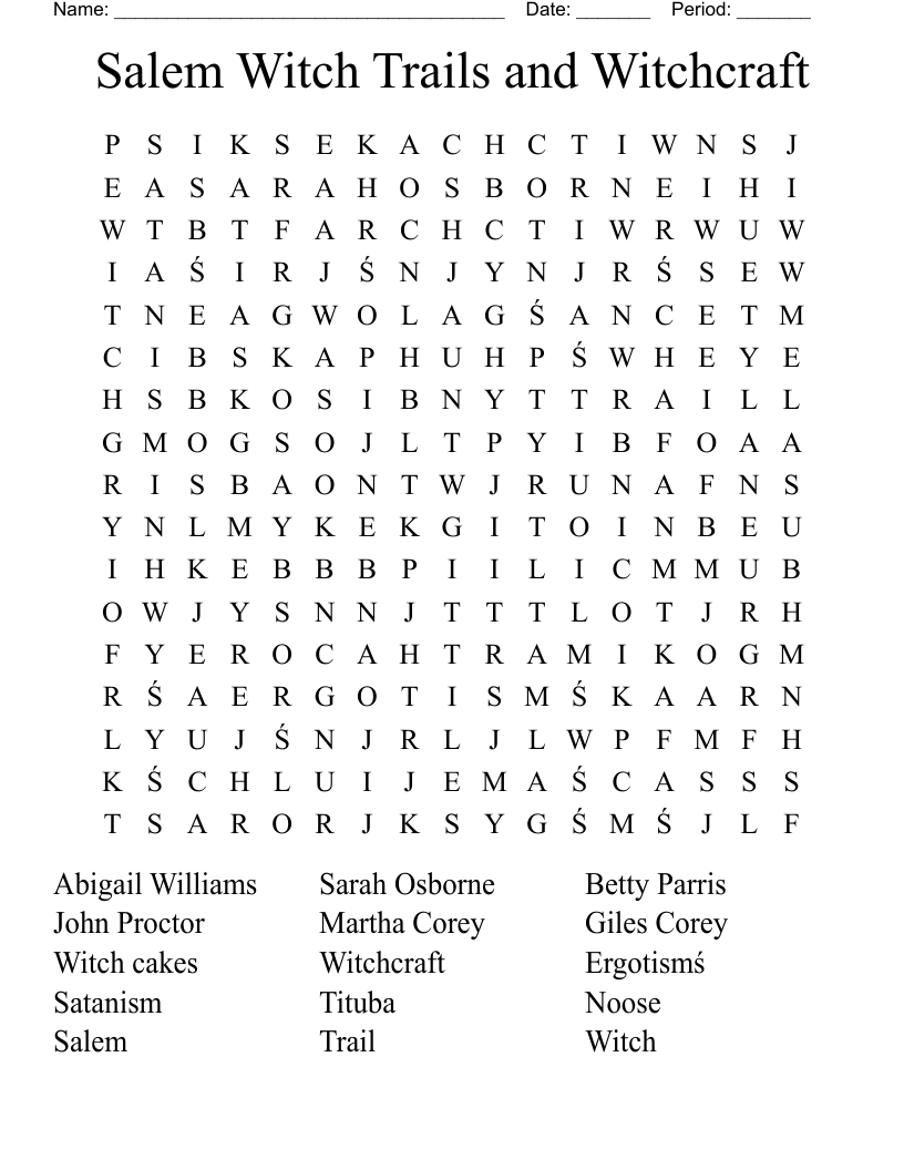Salem Witch Trails and Witchcraft Word Search
