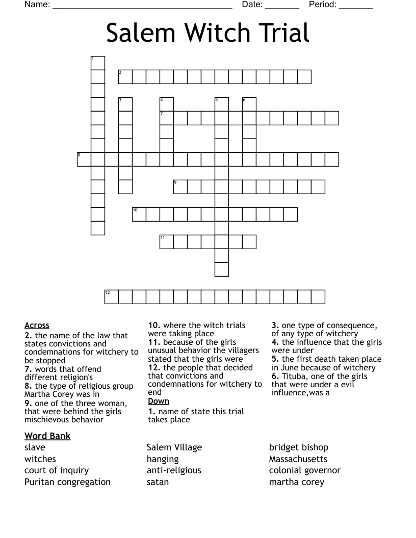 Salem Witch Trial Crossword