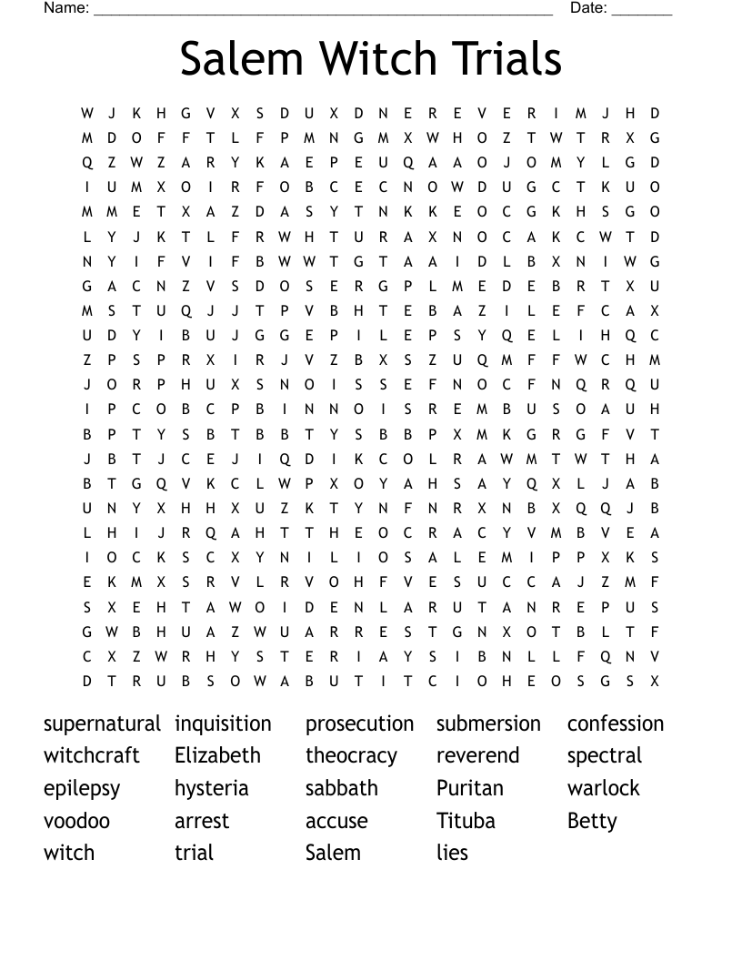 Salem Witch Trials Word Search