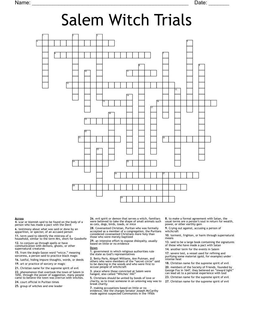 Salem Witch Trials Crossword