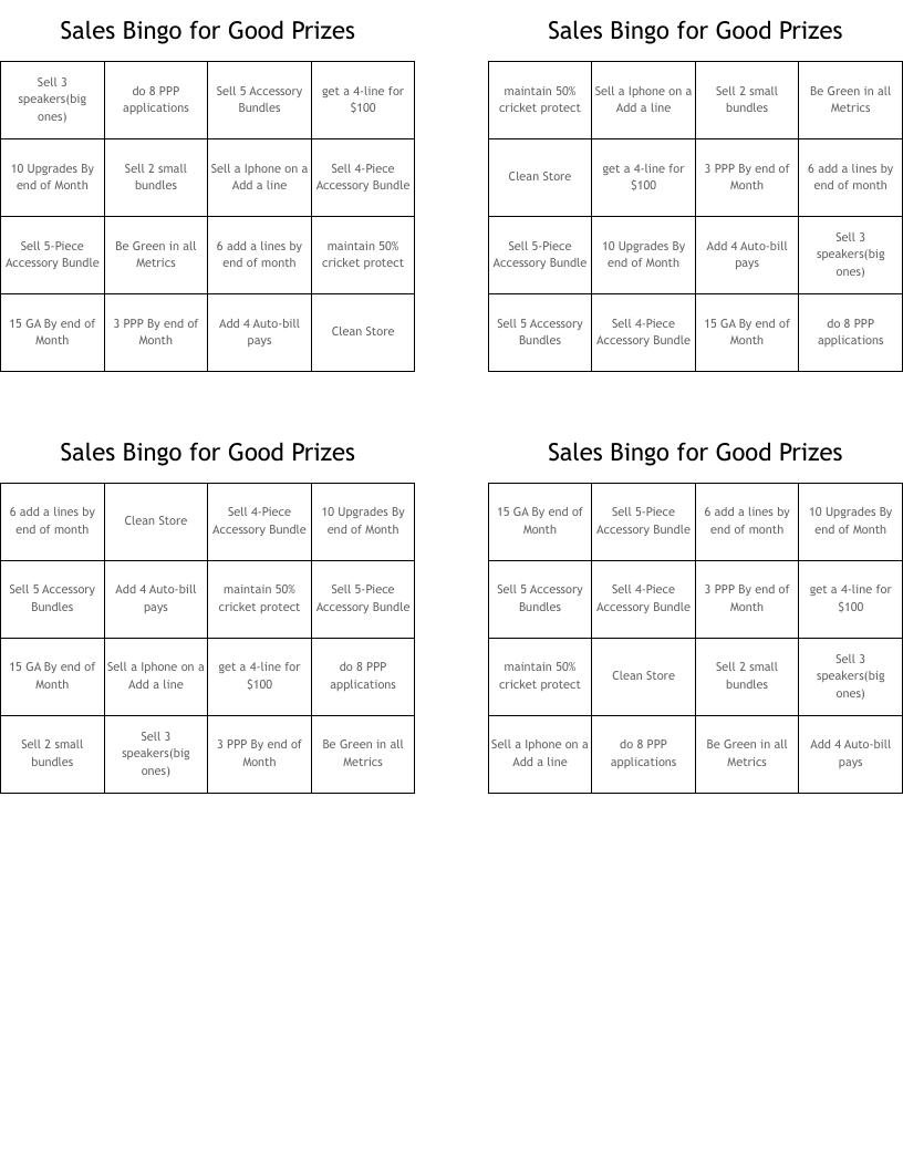Sales Bingo for Good Prizes