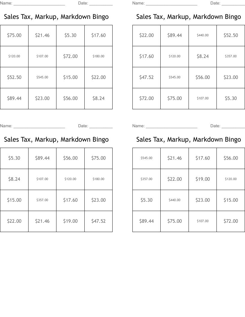 Sales Tax, Markup, Markdown Bingo