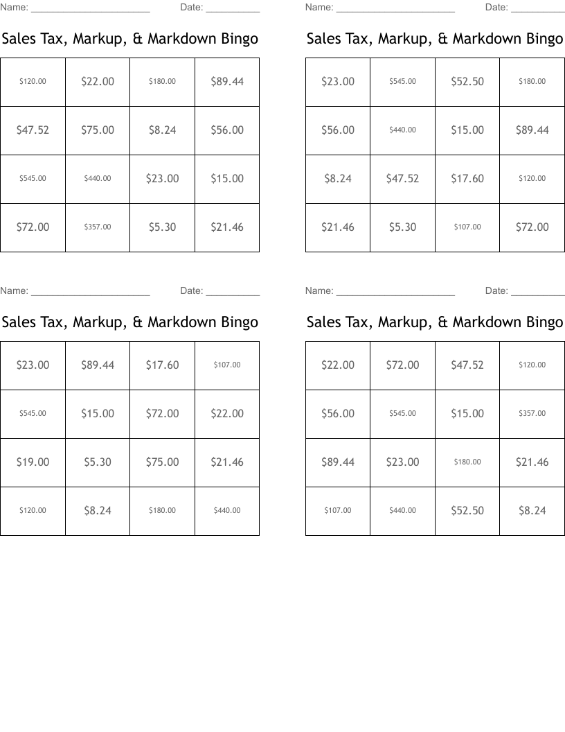 Sales Tax, Markup, & Markdown Bingo