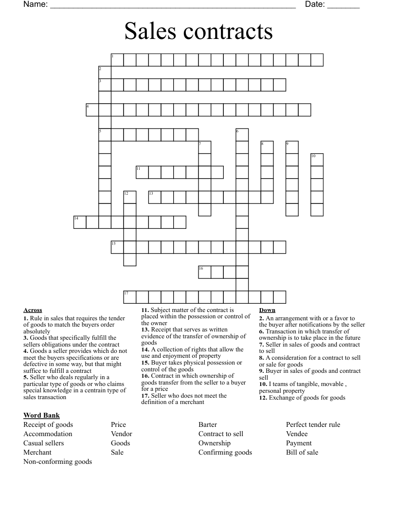 Sales contracts  Crossword