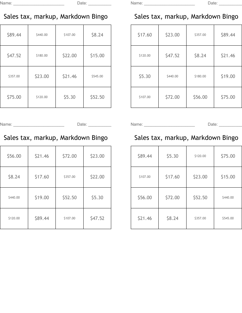 Sales tax, markup, Markdown Bingo