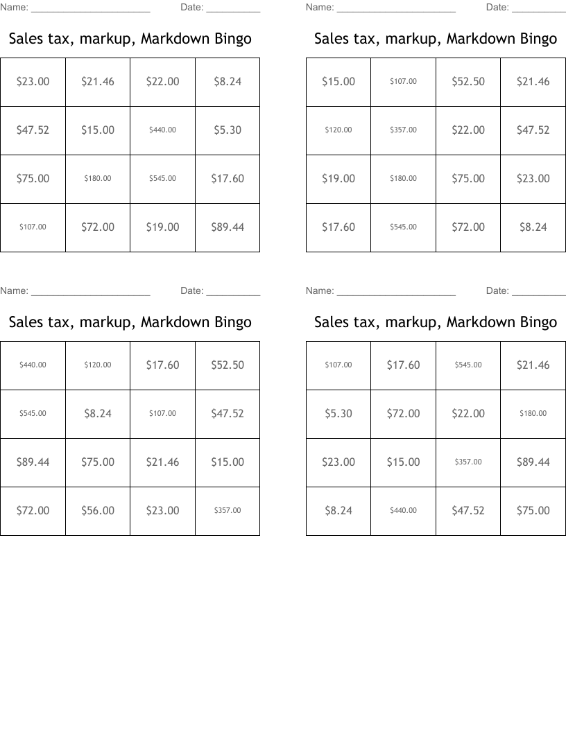 Sales tax, markup, Markdown Bingo