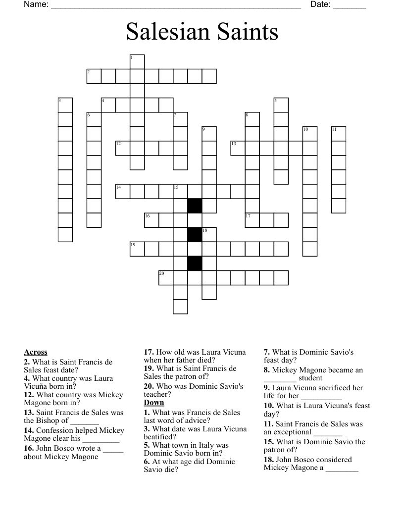 Salesian Saints Crossword