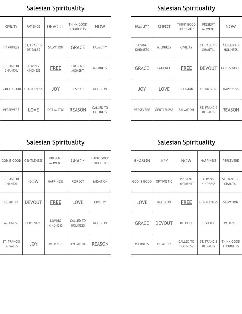 Salesian Spirituality Bingo Cards