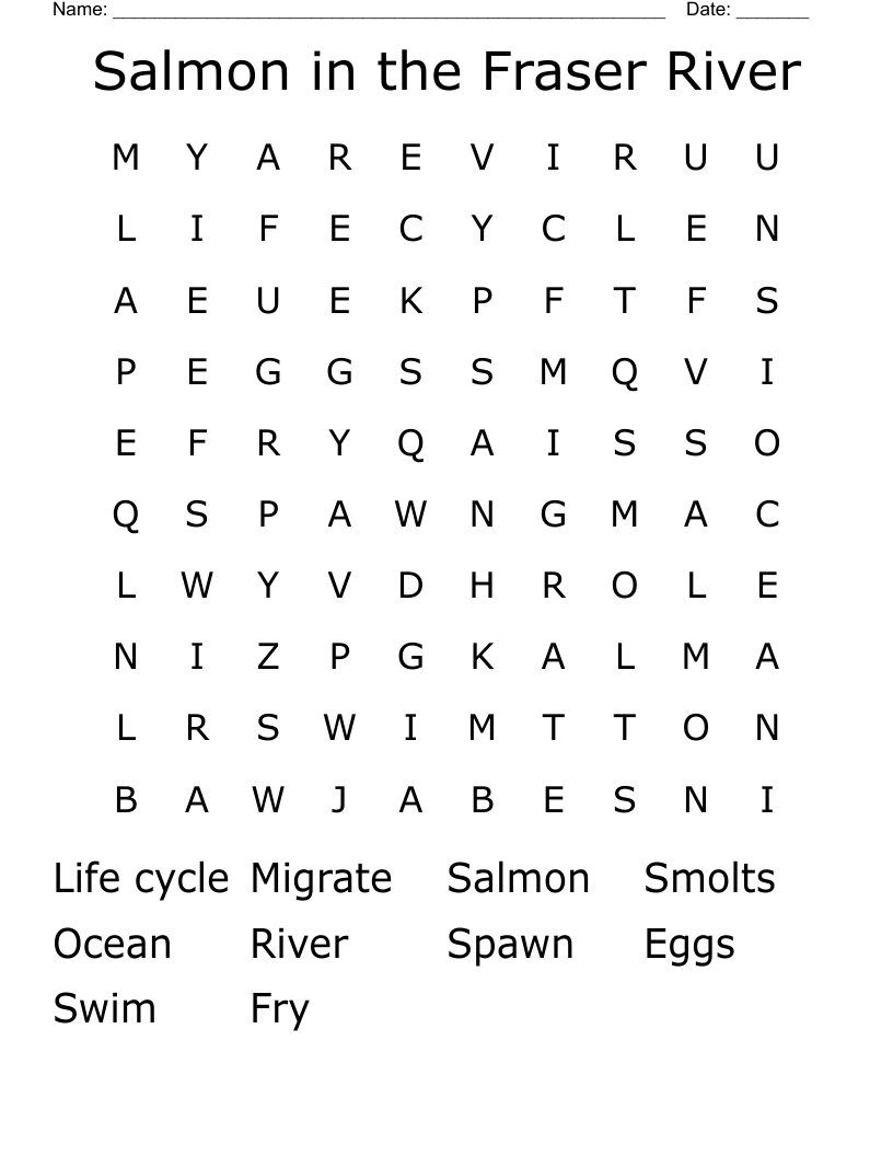 Salmon in the Fraser River Word Search