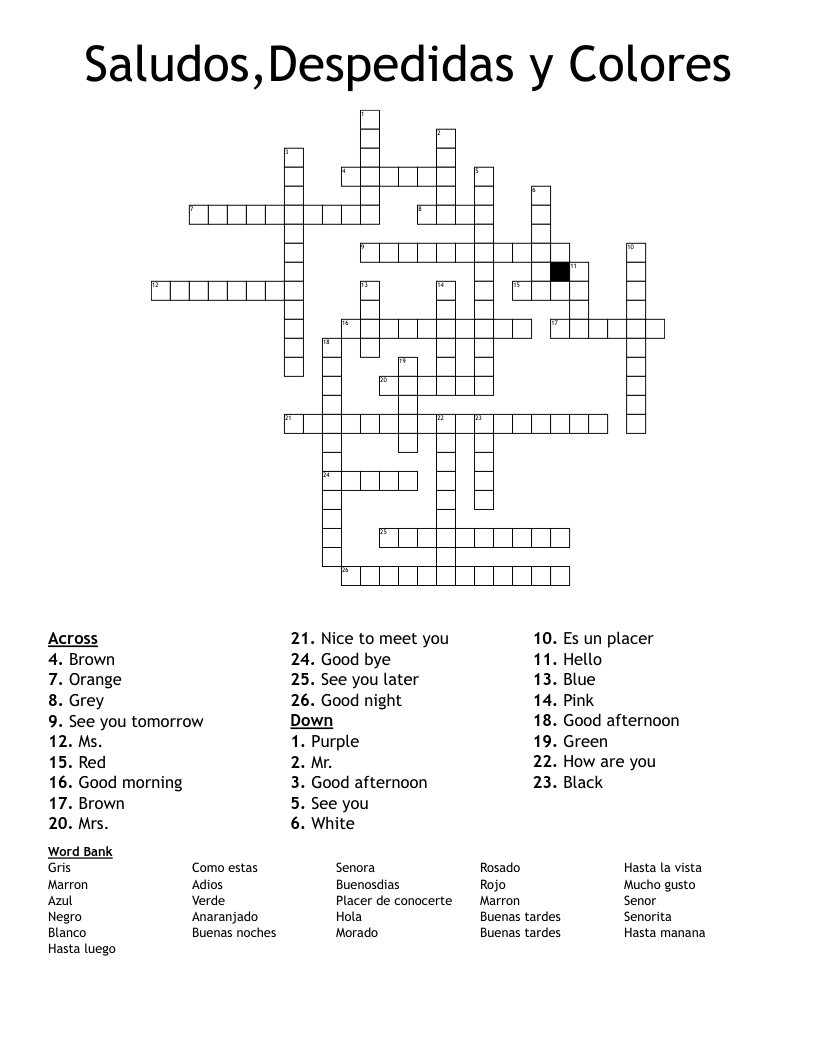 Saludos,Despedidas y Colores Crossword