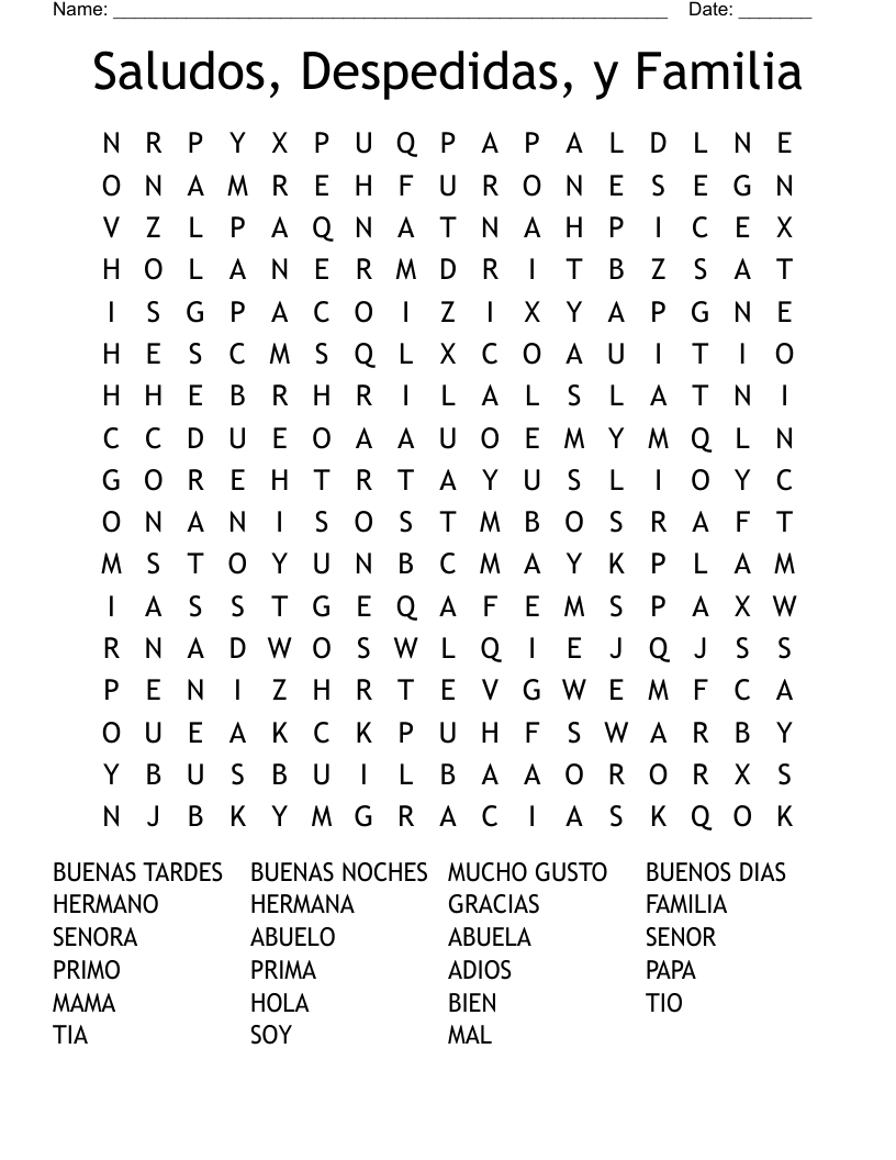Saludos, Despedidas, y Familia Word Search