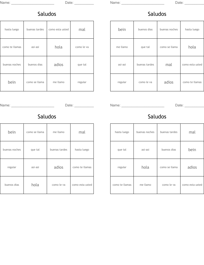 Saludos  Bingo Cards