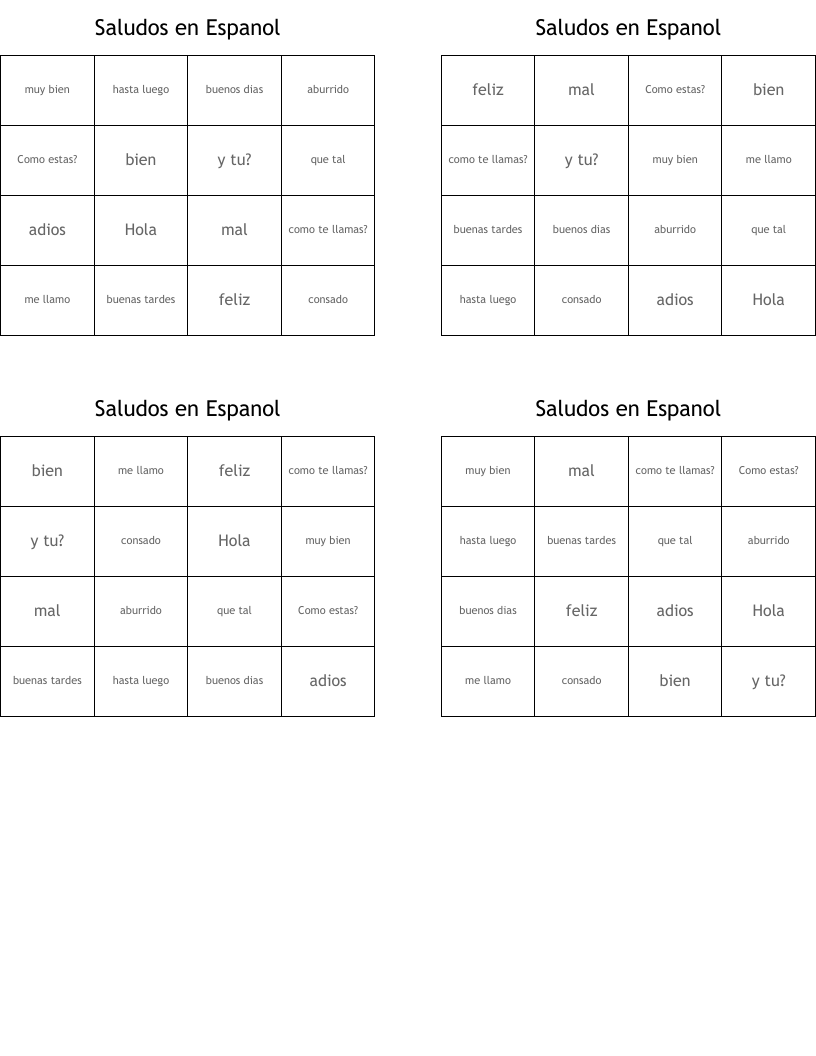 Saludos en Espanol Bingo Cards