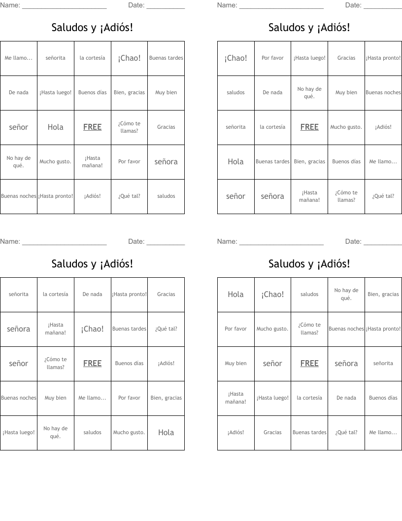Saludos y ¡Adiós! Bingo Cards