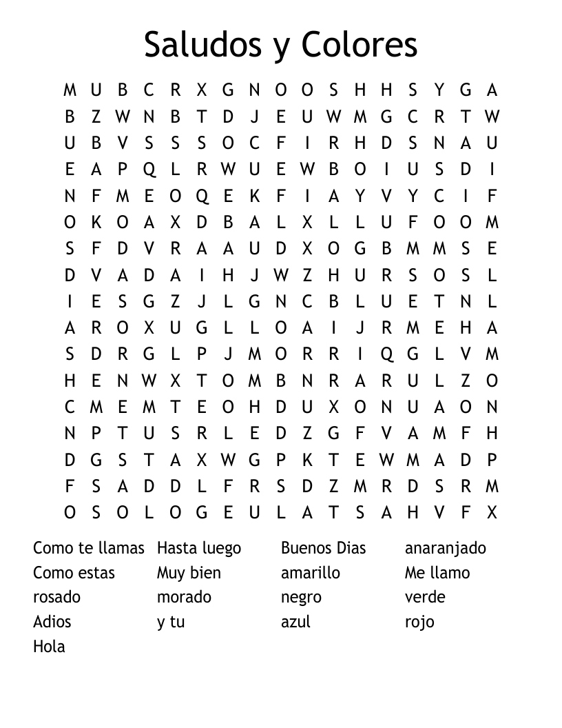 Saludos y Colores Word Search