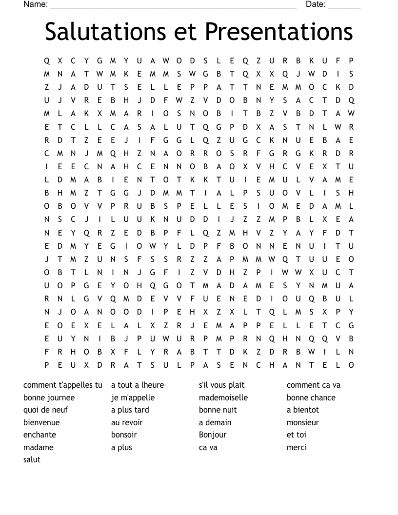 Salutations et Presentations  Word Search