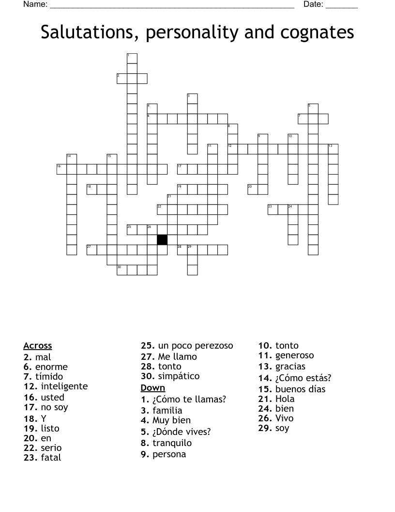 Salutations, personality and cognates Crossword
