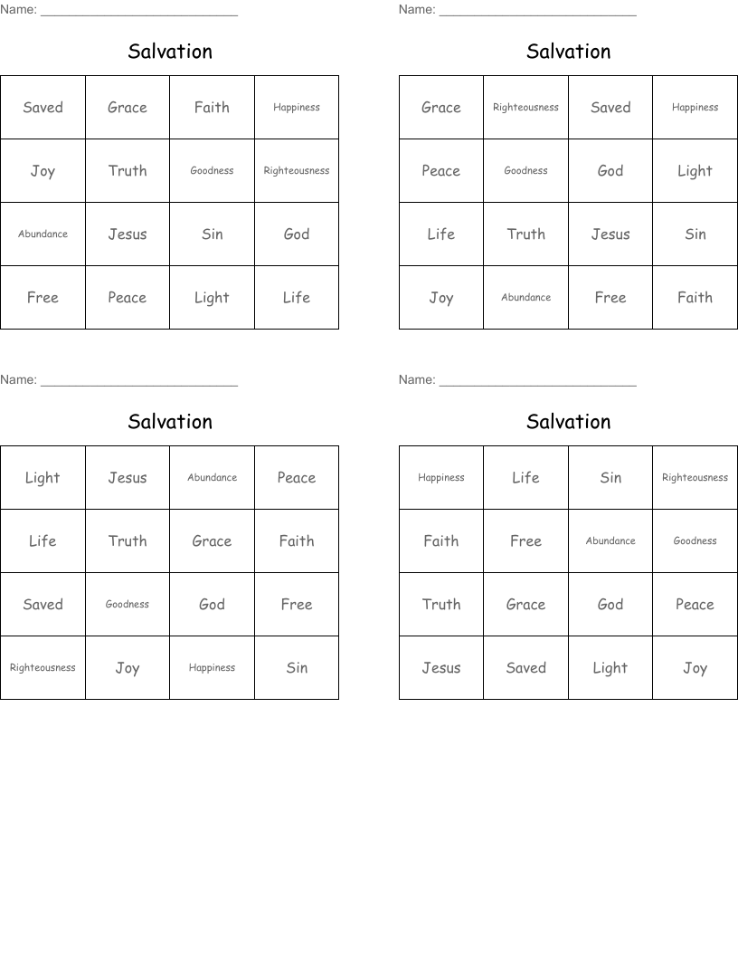 Salvation Bingo Cards