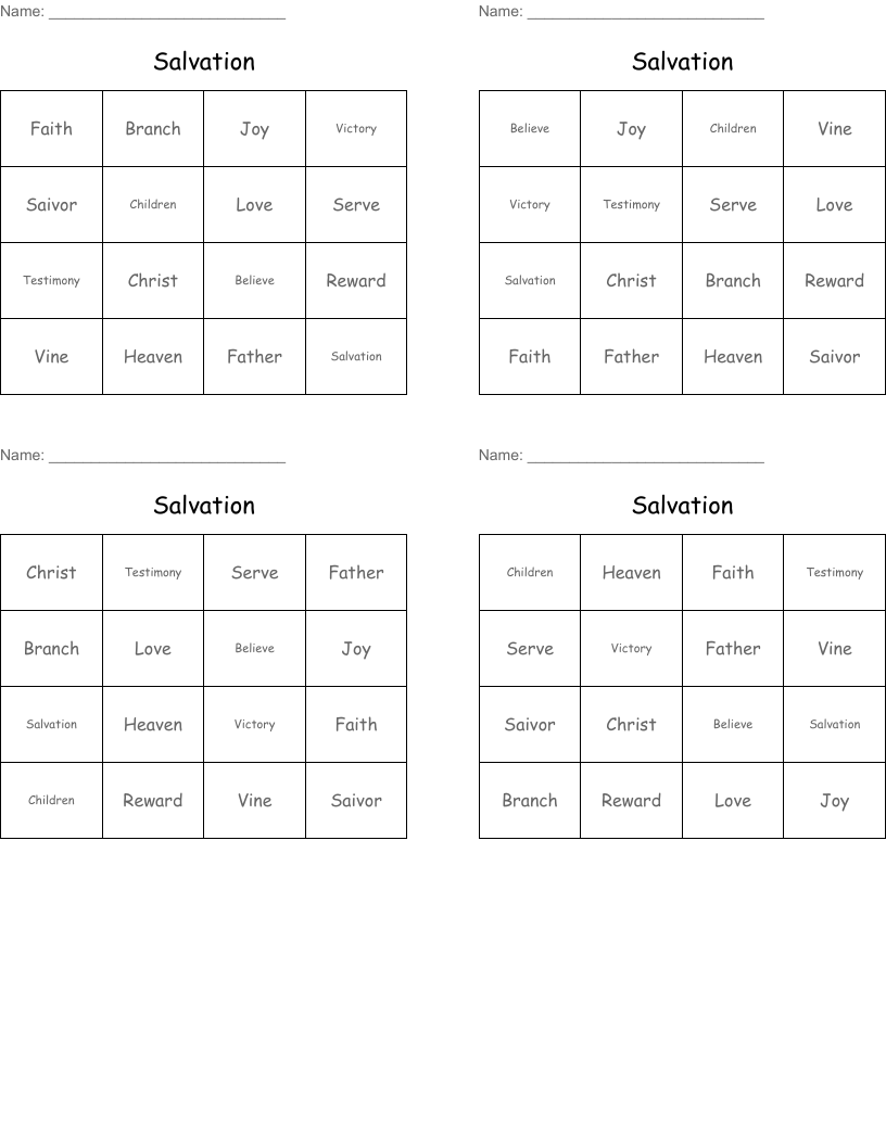 Salvation Bingo Cards