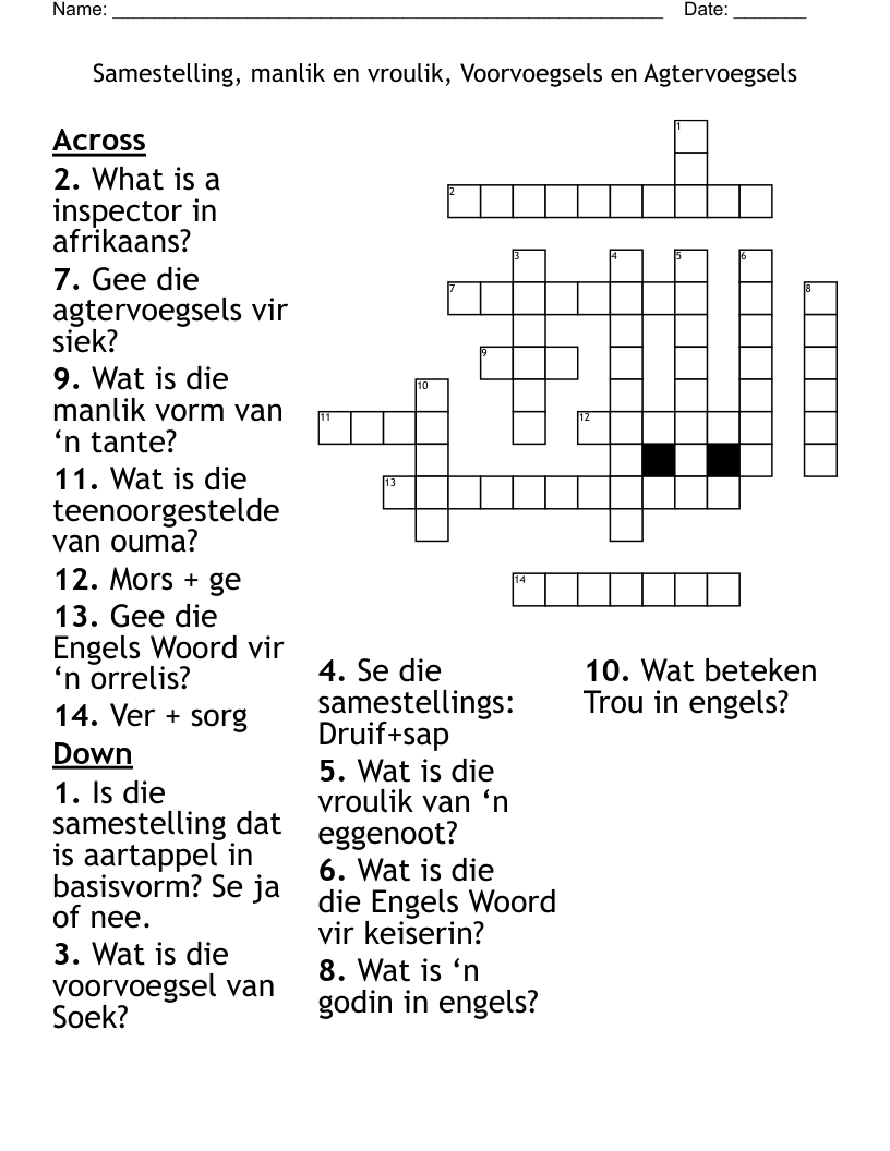 Samestelling, manlik en vroulik, Voorvoegsels en Agtervoegsels Crossword