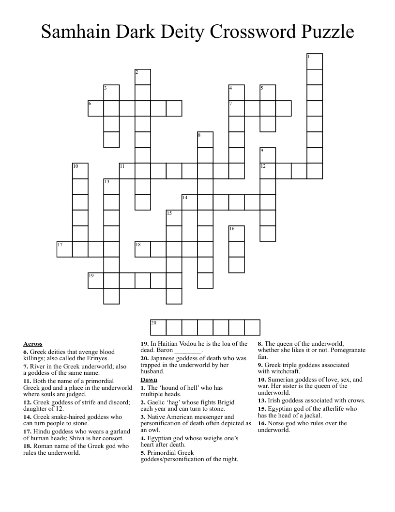 Samhain Dark Deity Crossword Puzzle