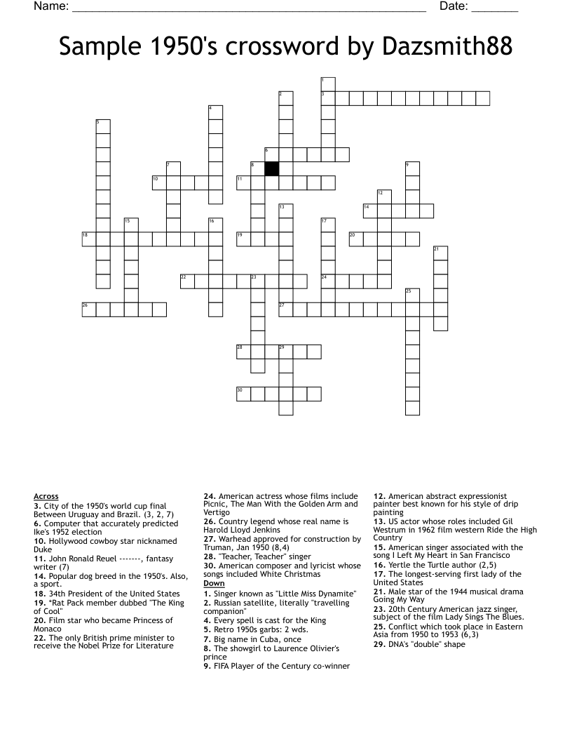 Sample 1950's crossword by Dazsmith88