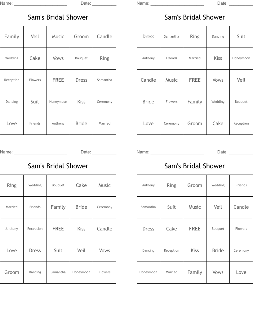 Sam's Bridal Shower Bingo Cards