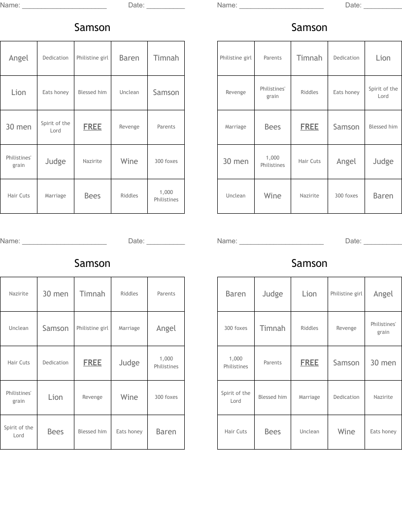 Samson Bingo Cards