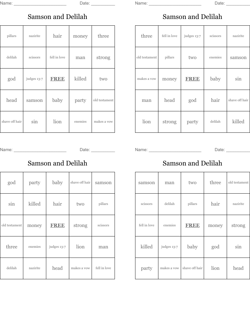 Samson and Delilah  Bingo Cards