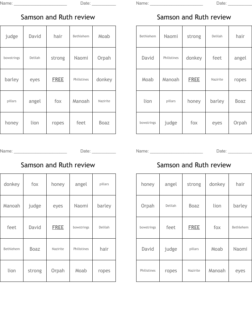 Samson and Ruth review Bingo Cards