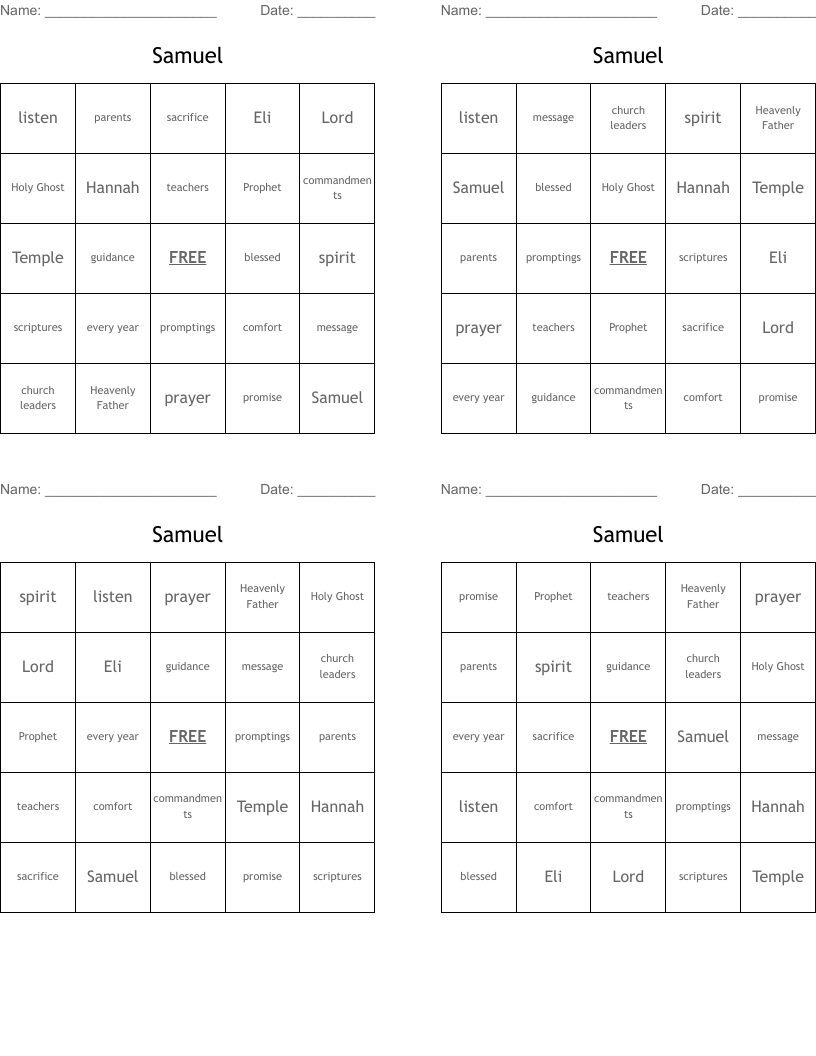 Samuel Bingo Cards
