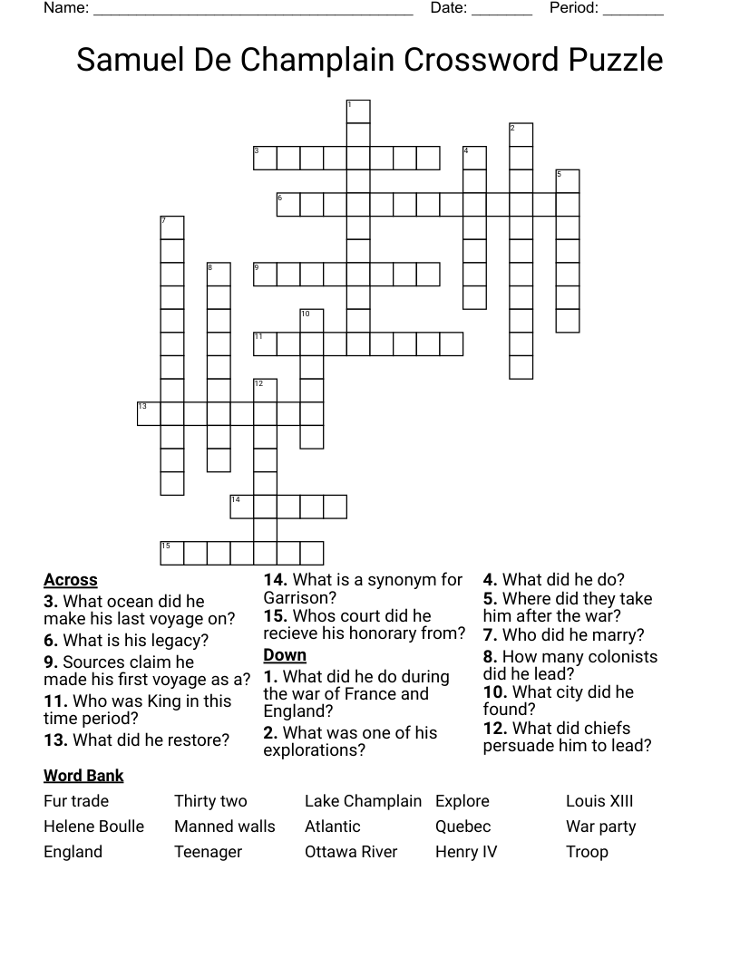 Samuel De Champlain Crossword Puzzle
