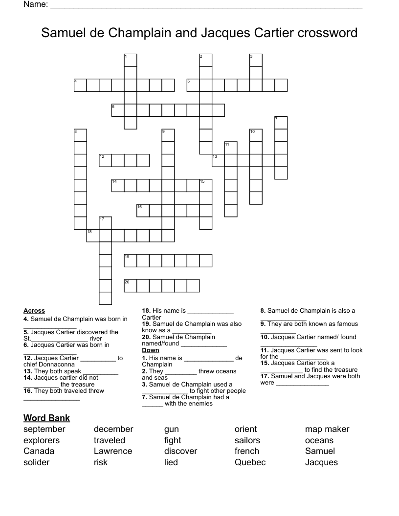 Samuel de Champlain and Jacques Cartier crossword