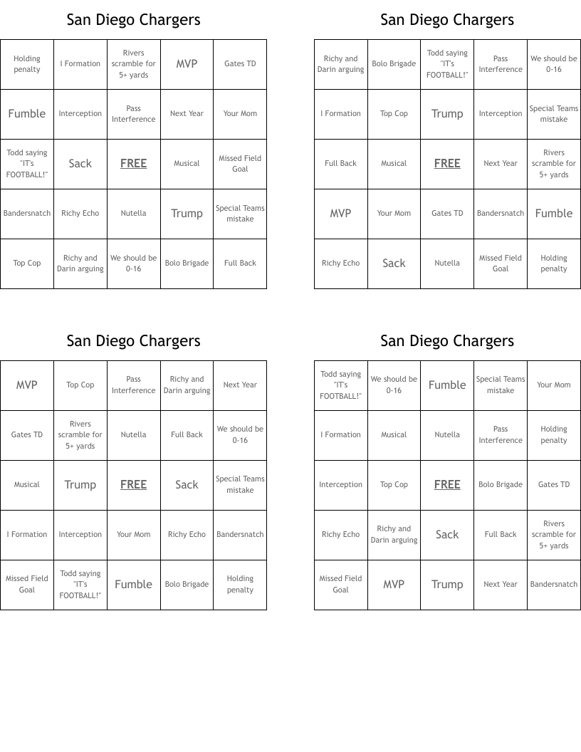San Diego Chargers Bingo Cards